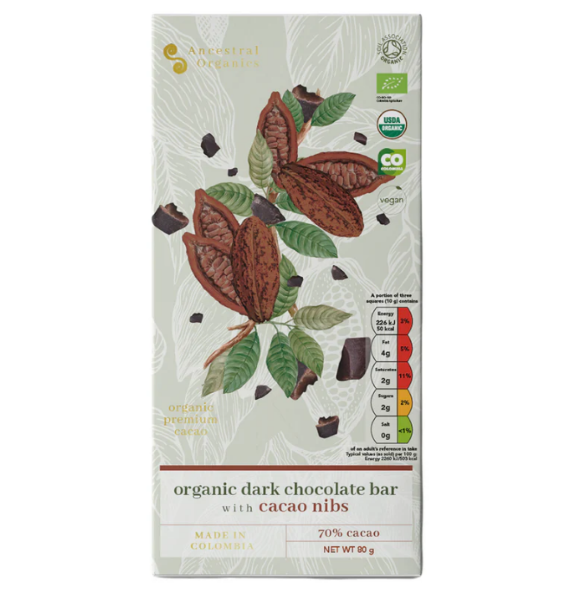 Ancestral Organics Dark Chocolate Bar W/ Cacao Nibs 80g